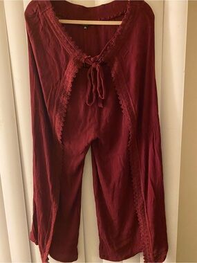 Zenobia Burgundy Lace-Trim Lounge Pants 3X